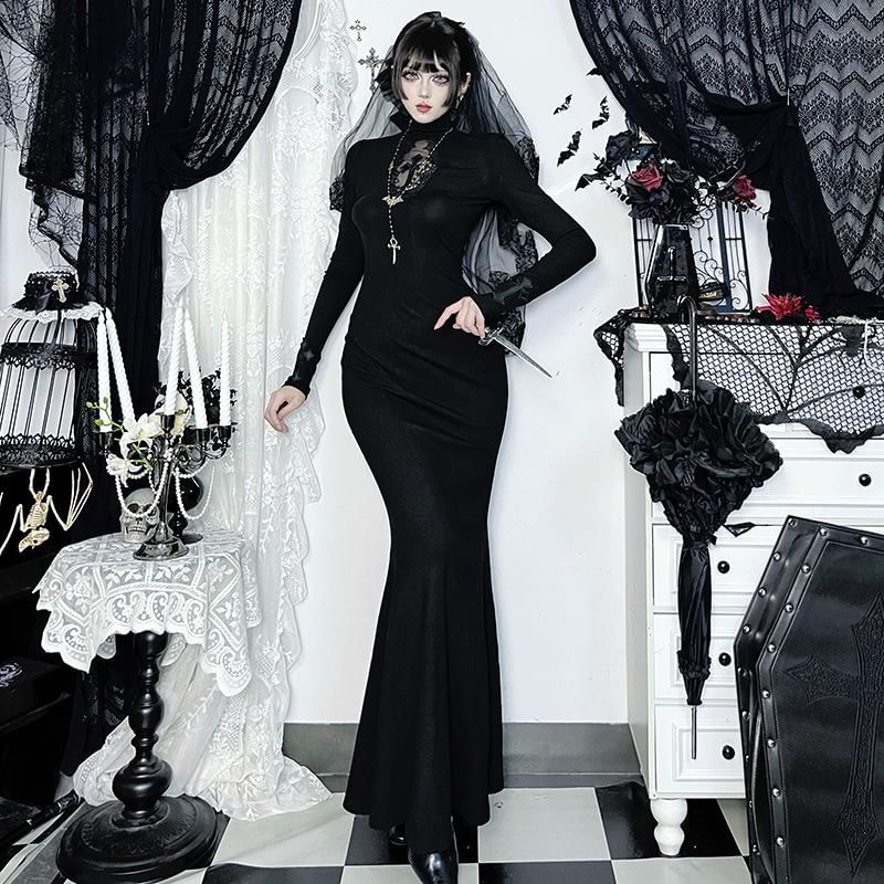 Long-Sleeve Turtleneck Plain Maxi Sheath Dress