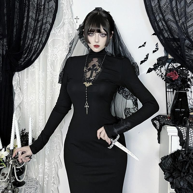 Long-Sleeve Turtleneck Plain Maxi Sheath Dress