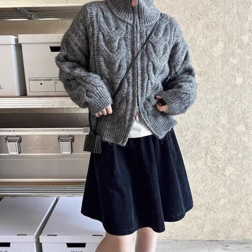 Stand Collar Plain Cable Knit Zip Cardigan