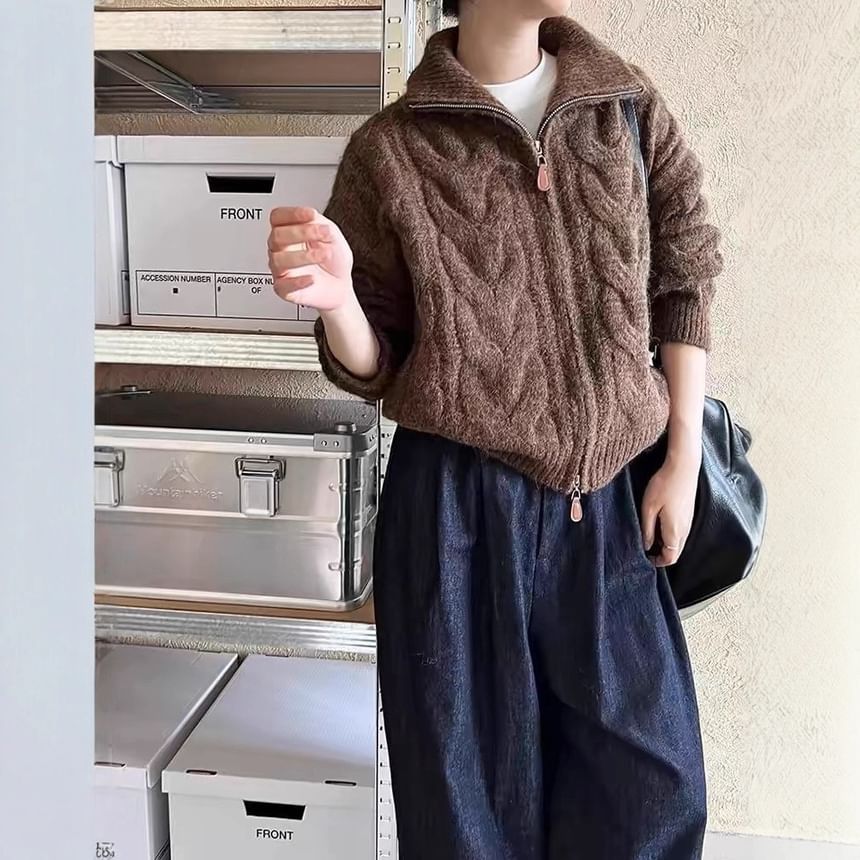 Stand Collar Plain Cable Knit Zip Cardigan