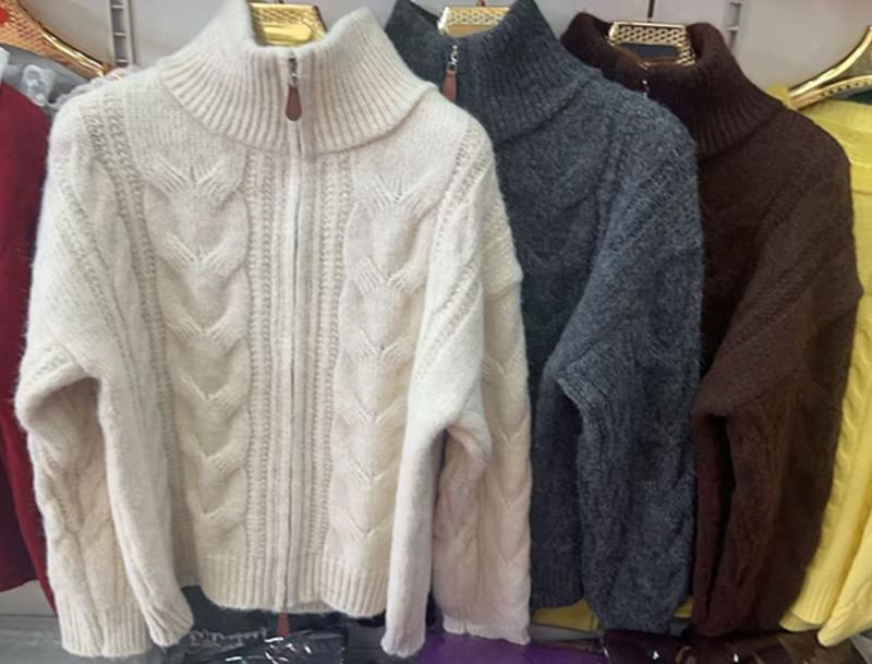 Stand Collar Plain Cable Knit Zip Cardigan
