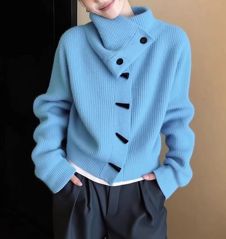Stand Collar Plain Ribbed Toggle Cardigan