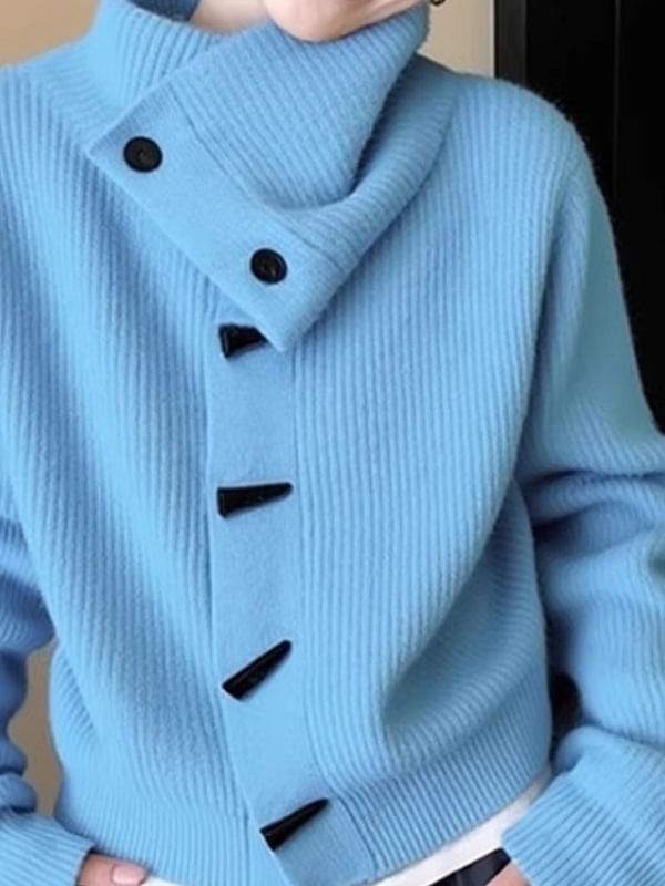 Stand Collar Plain Ribbed Toggle Cardigan