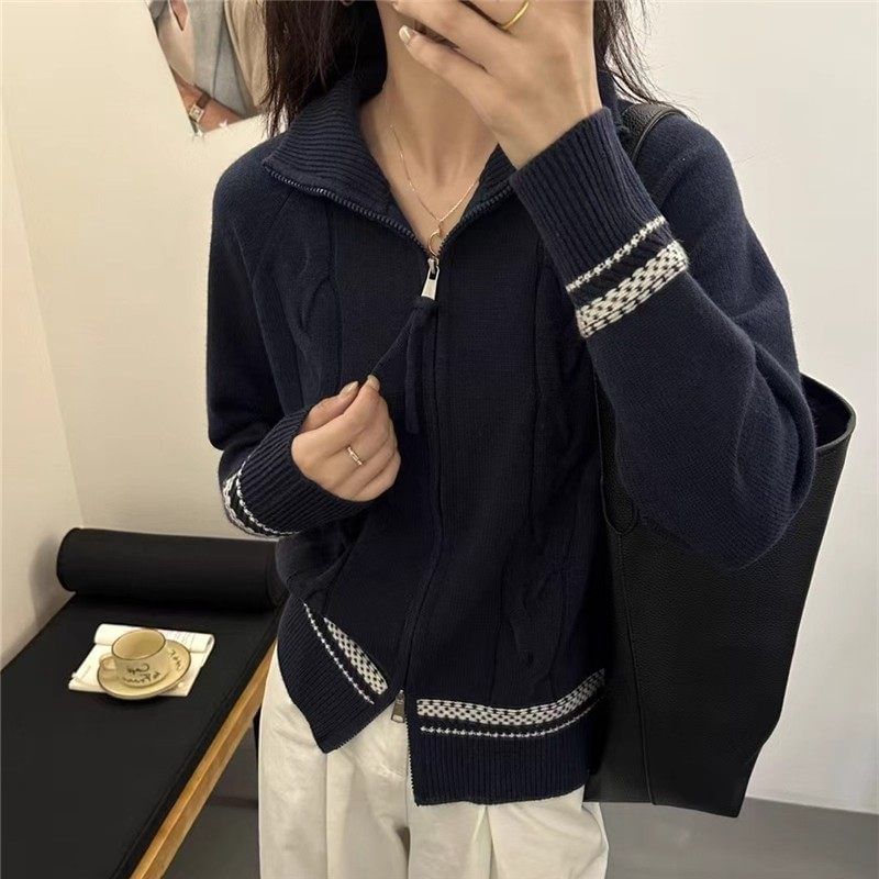 Stand Collar Dotted Panel Cable Knit Zip Cardigan