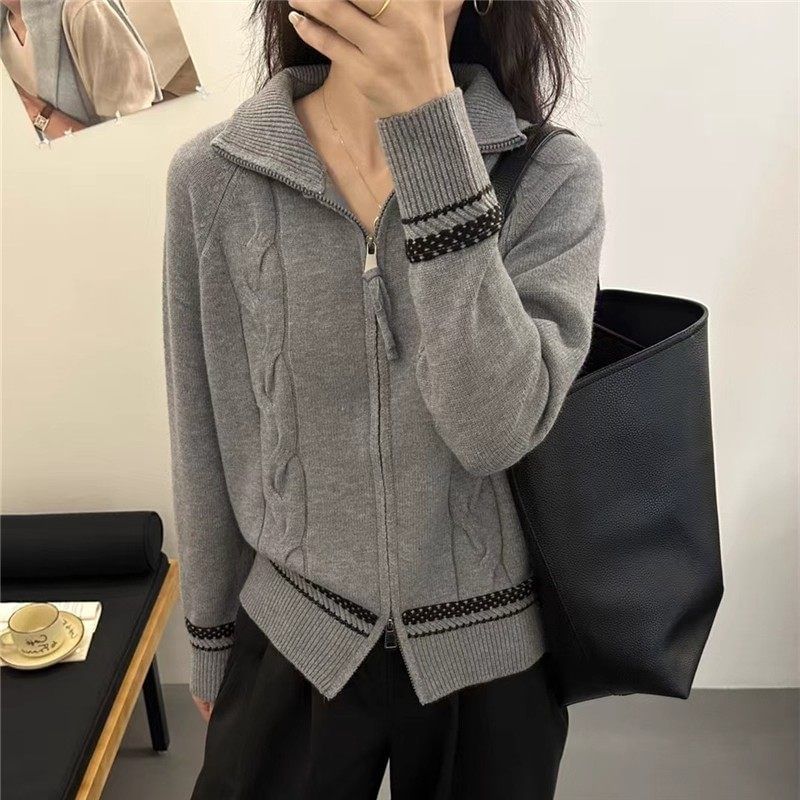 Stand Collar Dotted Panel Cable Knit Zip Cardigan