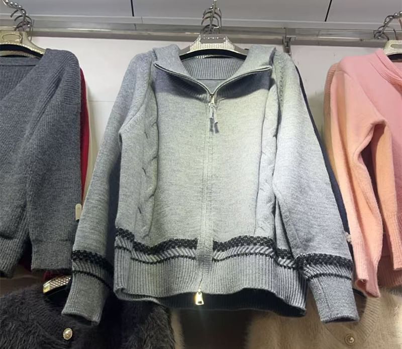 Stand Collar Dotted Panel Cable Knit Zip Cardigan
