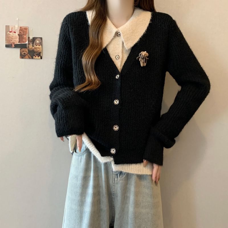 Collared Mock Two Piece Ribbed Cardigan