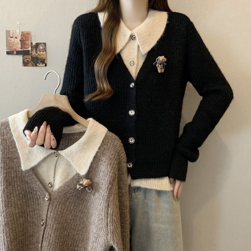 Collared Mock Two Piece Ribbed Cardigan