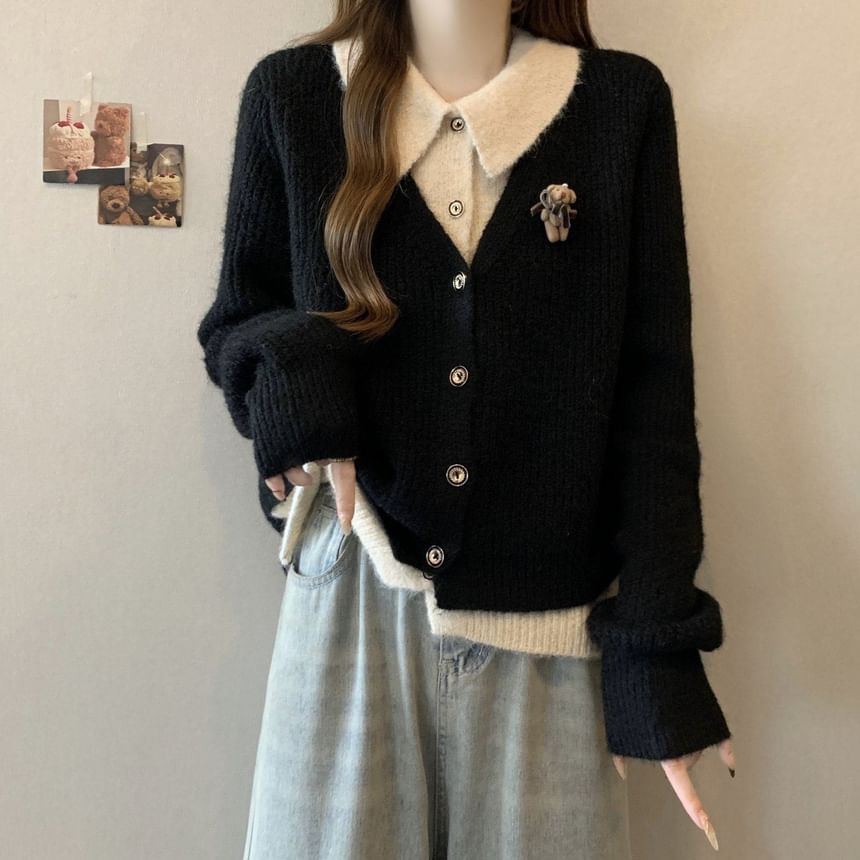 Collared Mock Two Piece Ribbed Cardigan
