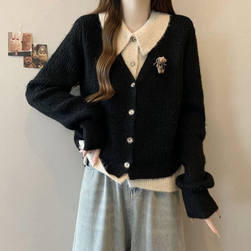 Collared Mock Two Piece Ribbed Cardigan