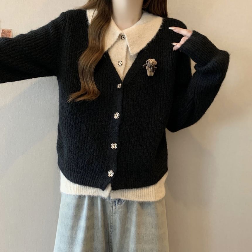 Collared Mock Two Piece Ribbed Cardigan