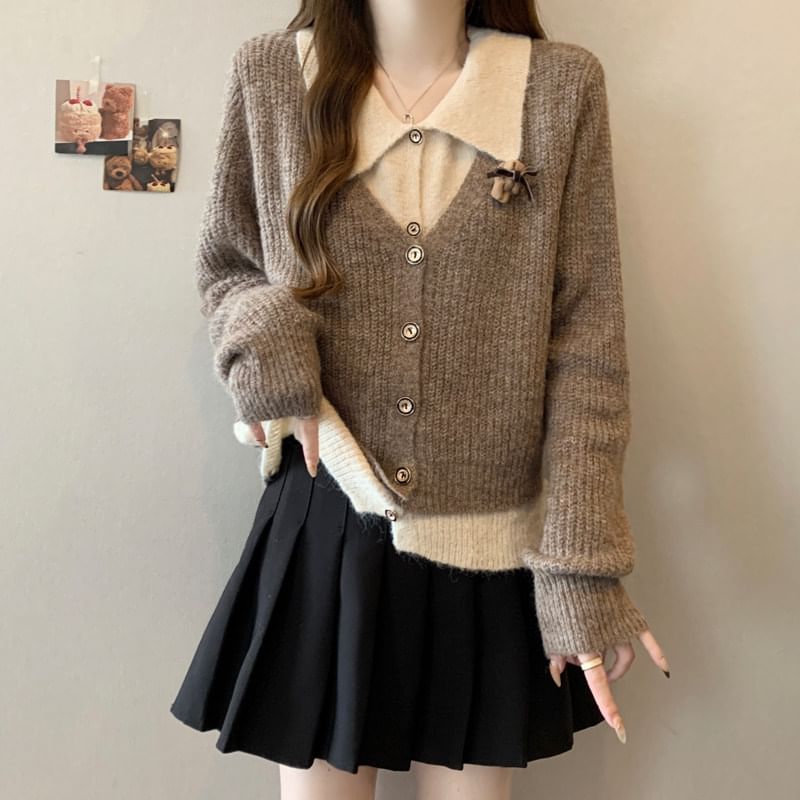 Collared Mock Two Piece Ribbed Cardigan