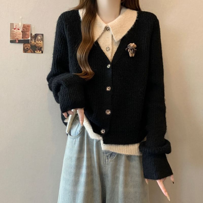 Collared Mock Two Piece Ribbed Cardigan