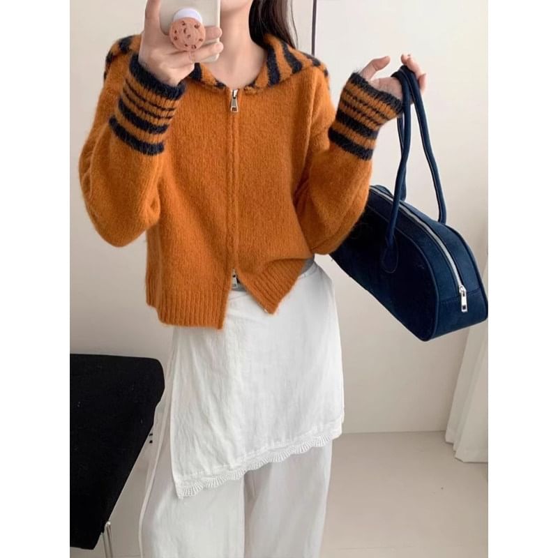 Collared Striped Zip Cardigan