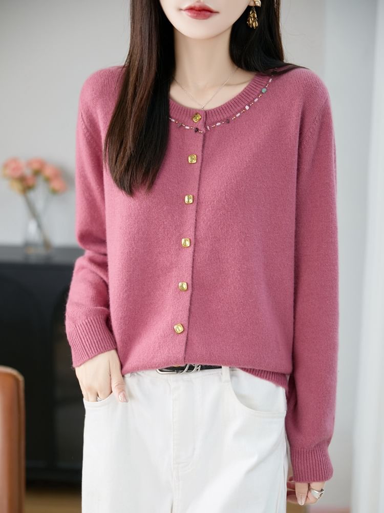 Crew Neck Embellished Button-Up Cardigan