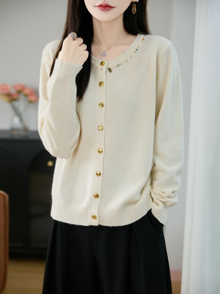 Crew Neck Embellished Button-Up Cardigan