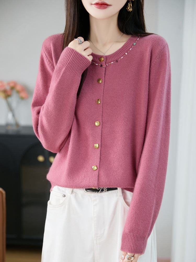 Crew Neck Embellished Button-Up Cardigan