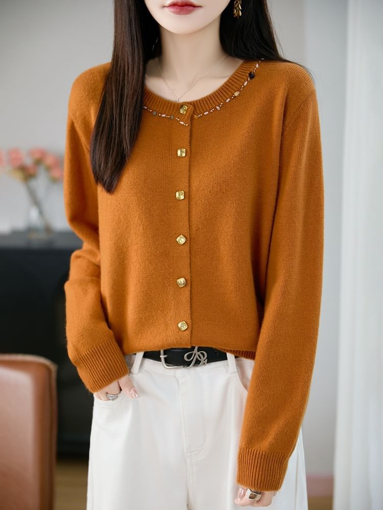 Crew Neck Embellished Button-Up Cardigan