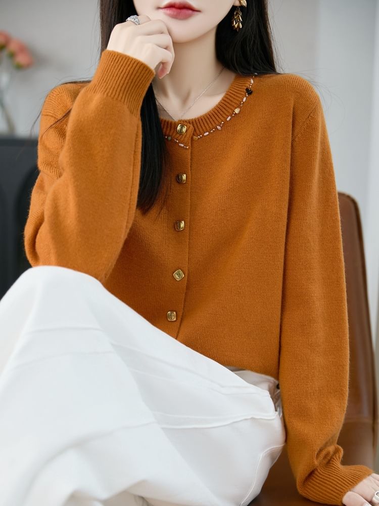 Crew Neck Embellished Button-Up Cardigan