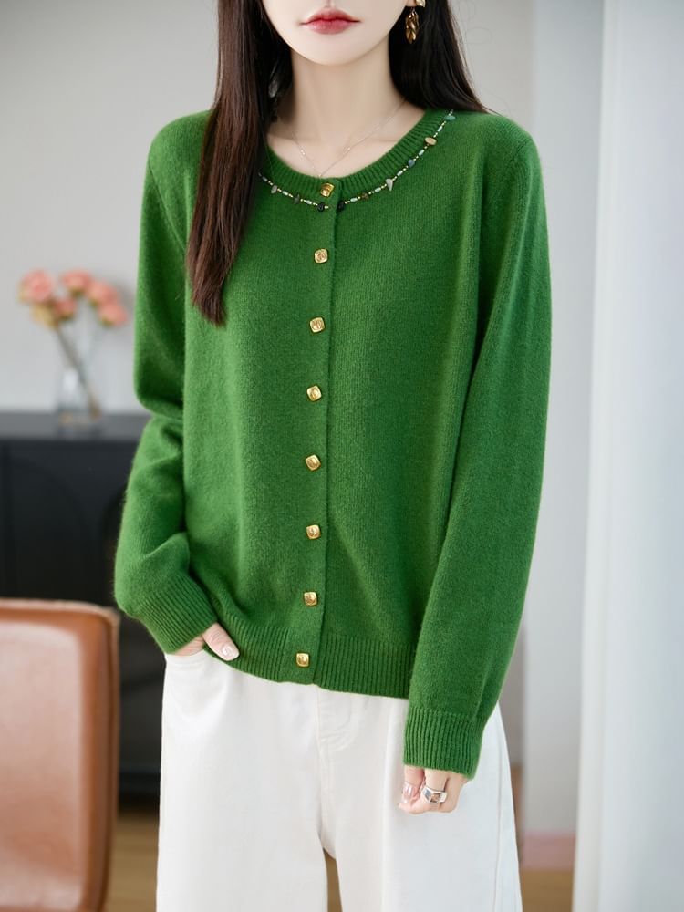 Crew Neck Embellished Button-Up Cardigan