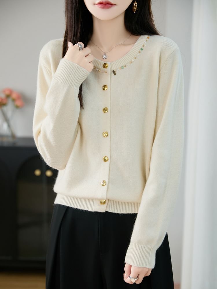Crew Neck Embellished Button-Up Cardigan