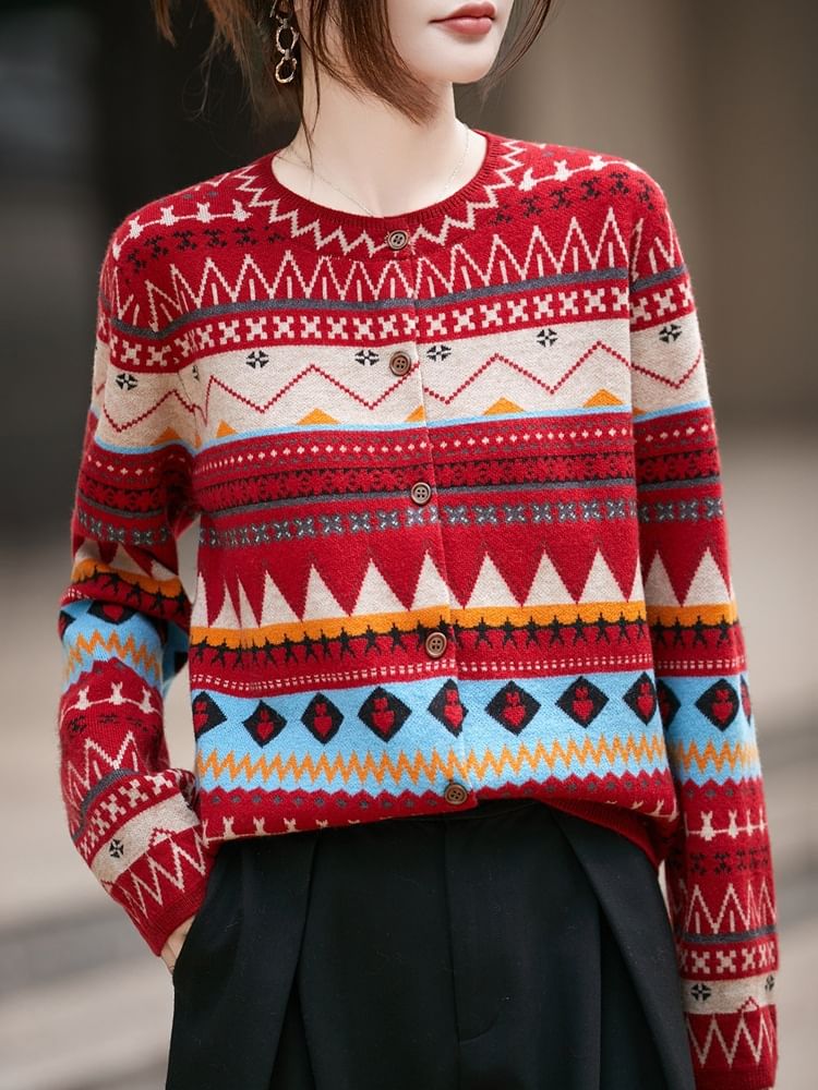 Crew Neck Nordic Jacquard Button-Up Cardigan