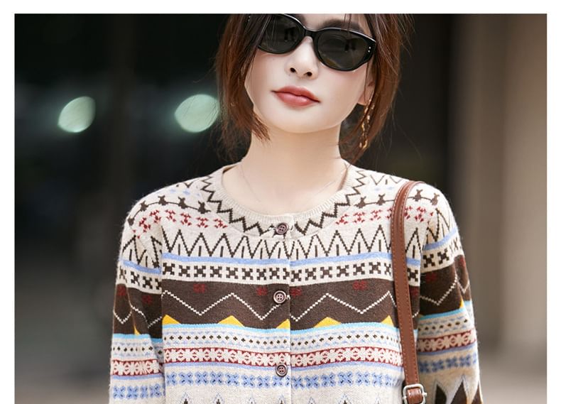 Crew Neck Nordic Jacquard Button-Up Cardigan