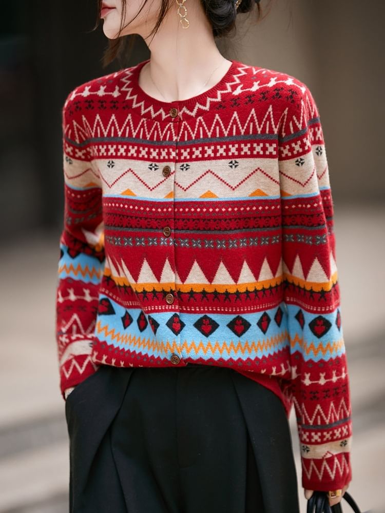 Crew Neck Nordic Jacquard Button-Up Cardigan