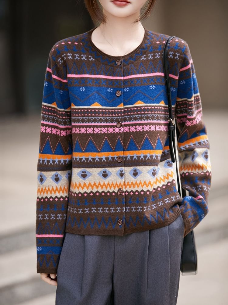Crew Neck Nordic Jacquard Button-Up Cardigan