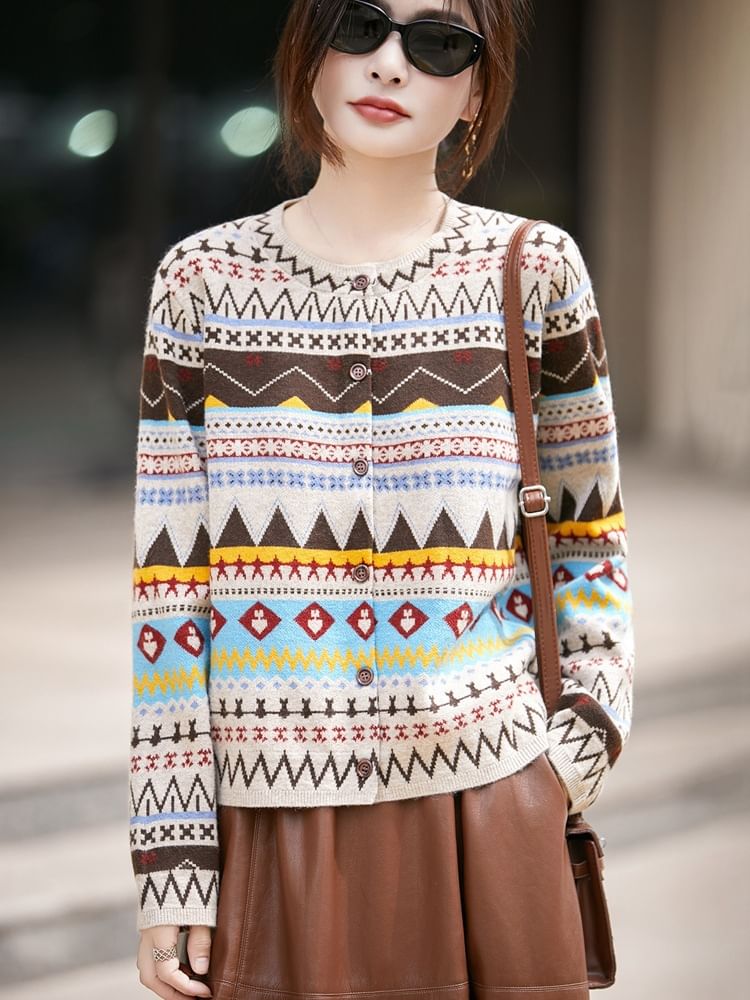 Crew Neck Nordic Jacquard Button-Up Cardigan