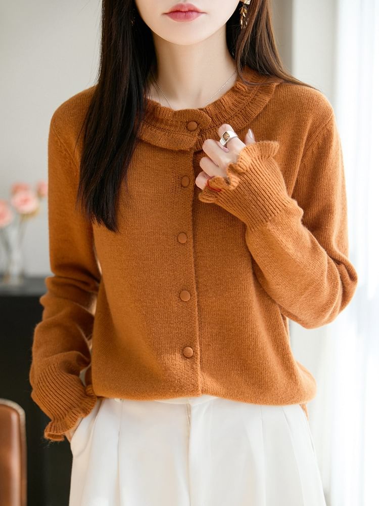 Crew Neck Frill Trim Button-Up Plain Cardigan