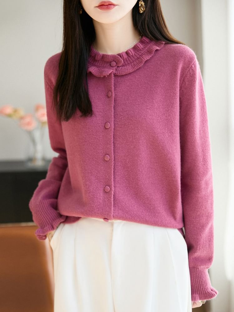 Crew Neck Frill Trim Button-Up Plain Cardigan