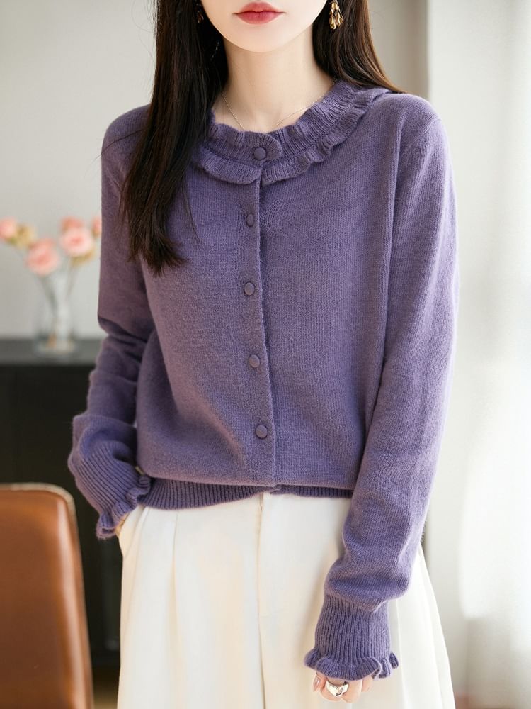 Crew Neck Frill Trim Button-Up Plain Cardigan