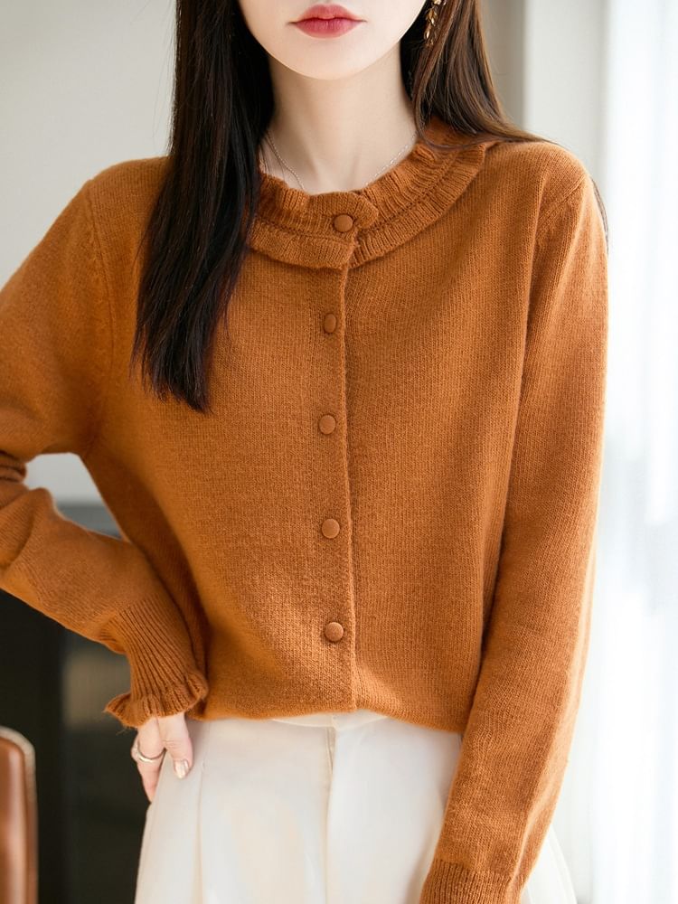 Crew Neck Frill Trim Button-Up Plain Cardigan