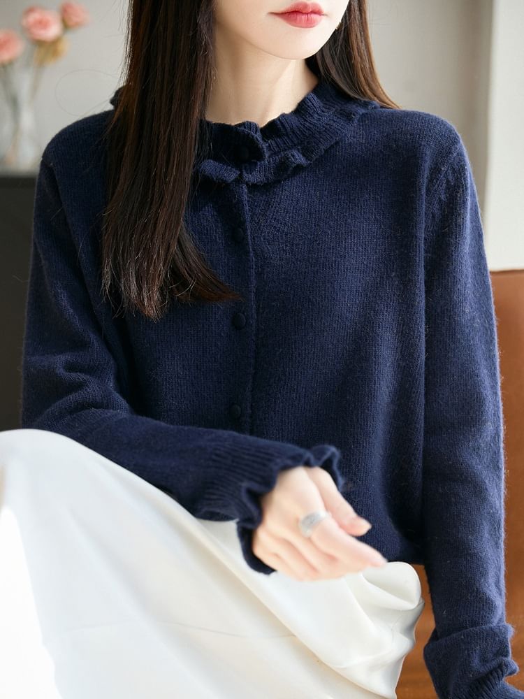Crew Neck Frill Trim Button-Up Plain Cardigan
