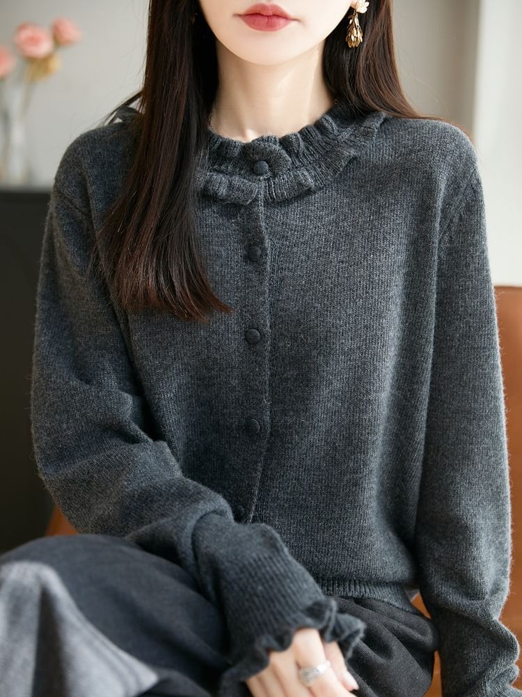 Crew Neck Frill Trim Button-Up Plain Cardigan