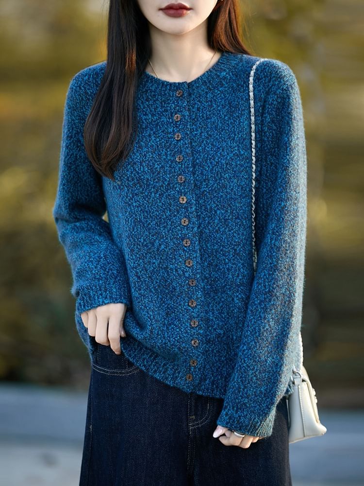 Crew Neck Melange Button-Up Cardigan