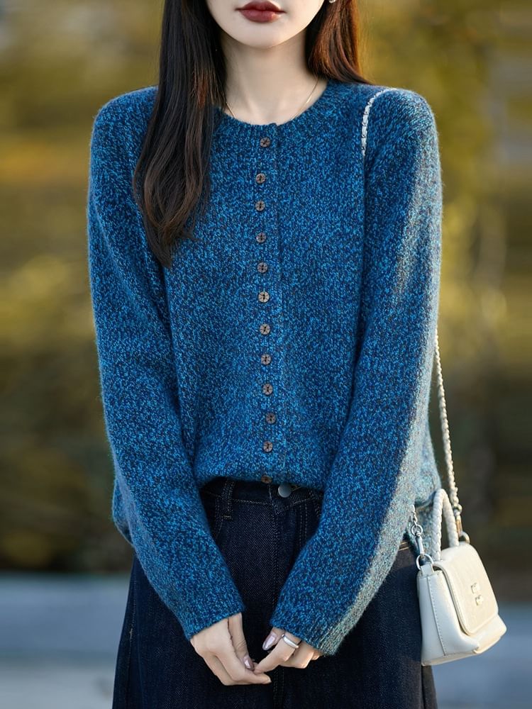 Crew Neck Melange Button-Up Cardigan