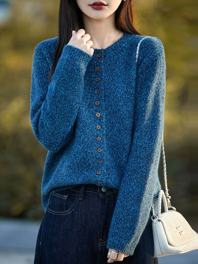 Crew Neck Melange Button-Up Cardigan