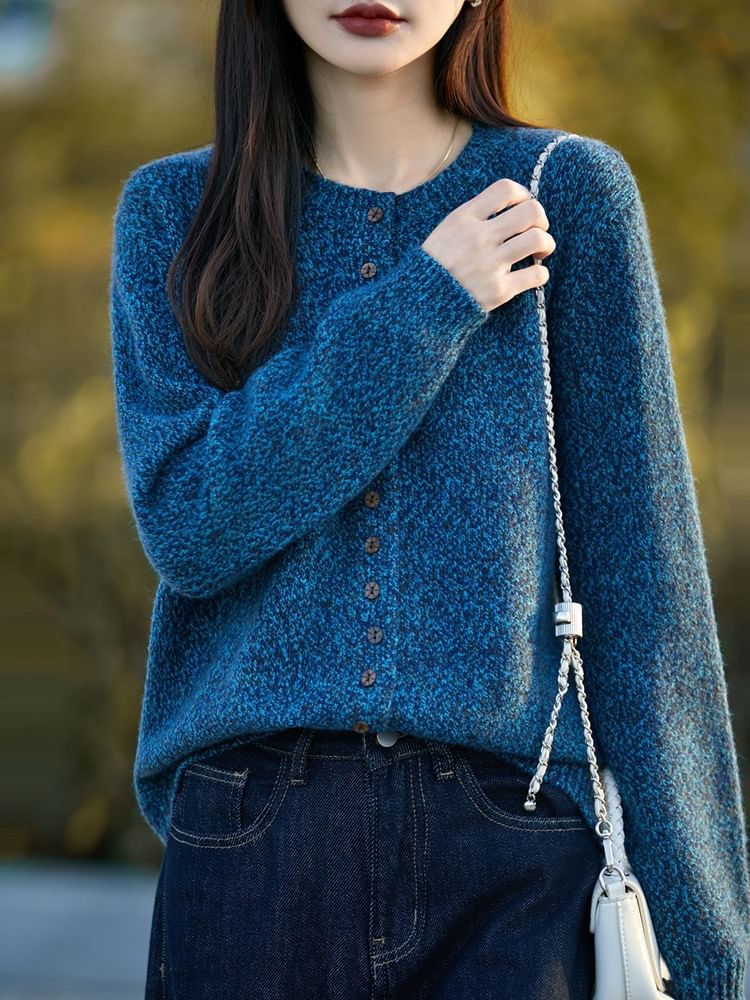 Crew Neck Melange Button-Up Cardigan
