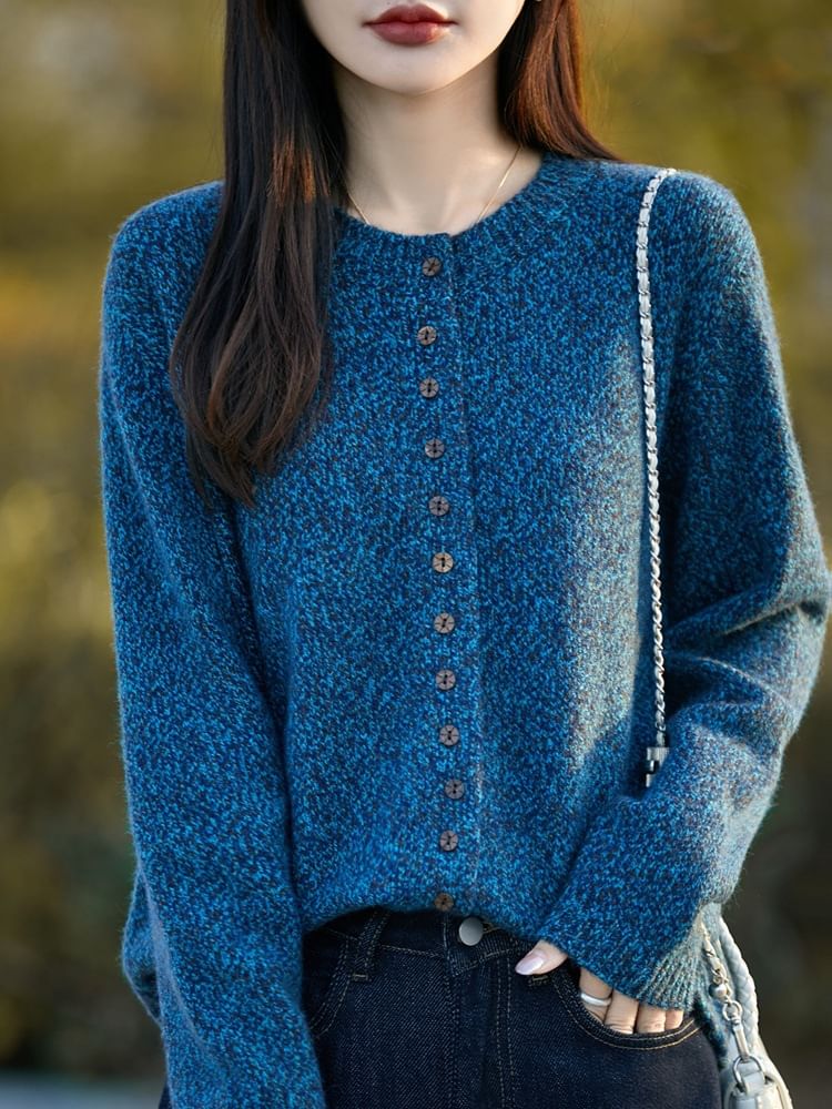 Crew Neck Melange Button-Up Cardigan