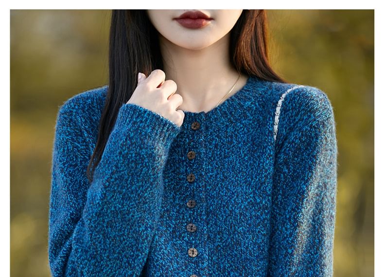 Crew Neck Melange Button-Up Cardigan