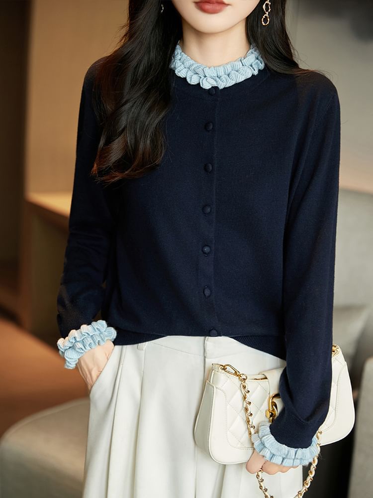 Stand Collar Contrast Frill Trim Button-Up Cardigan