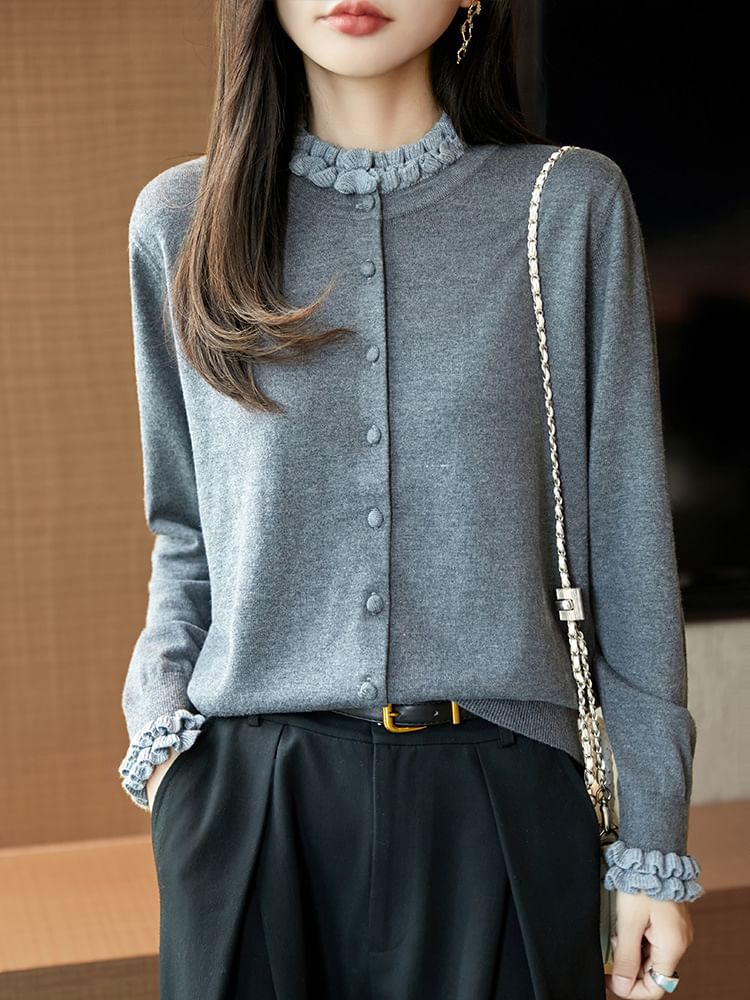 Stand Collar Contrast Frill Trim Button-Up Cardigan