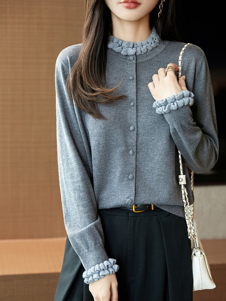 Stand Collar Contrast Frill Trim Button-Up Cardigan