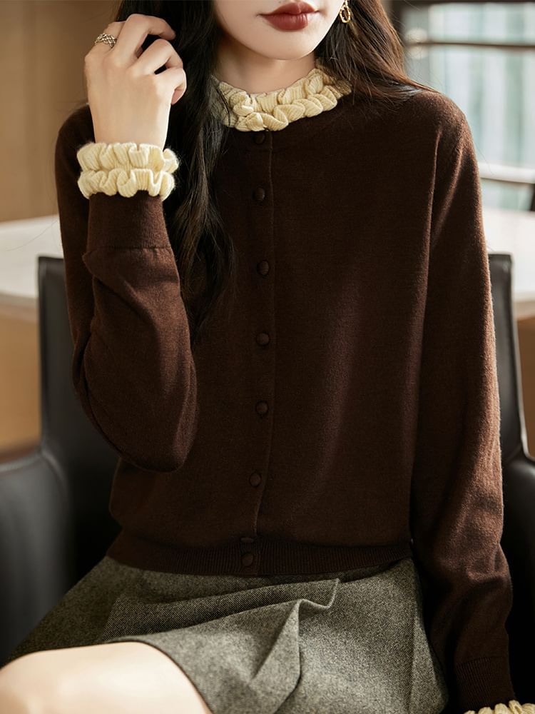 Stand Collar Contrast Frill Trim Button-Up Cardigan