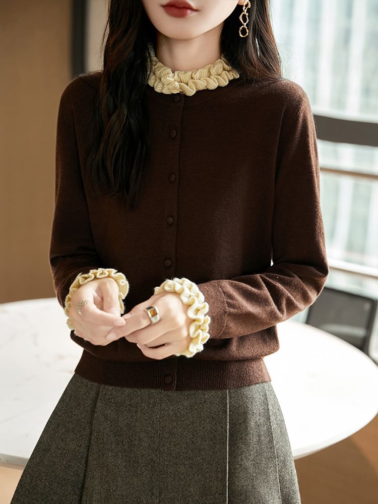 Stand Collar Contrast Frill Trim Button-Up Cardigan