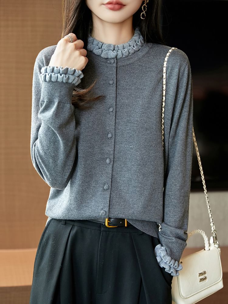 Stand Collar Contrast Frill Trim Button-Up Cardigan