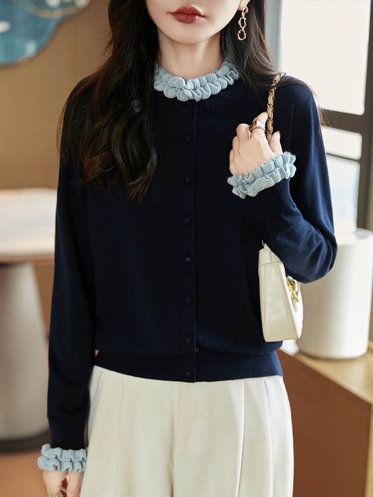 Stand Collar Contrast Frill Trim Button-Up Cardigan