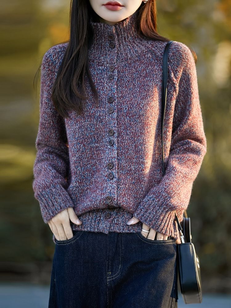 Stand Collar Melange Button-Up Cardigan